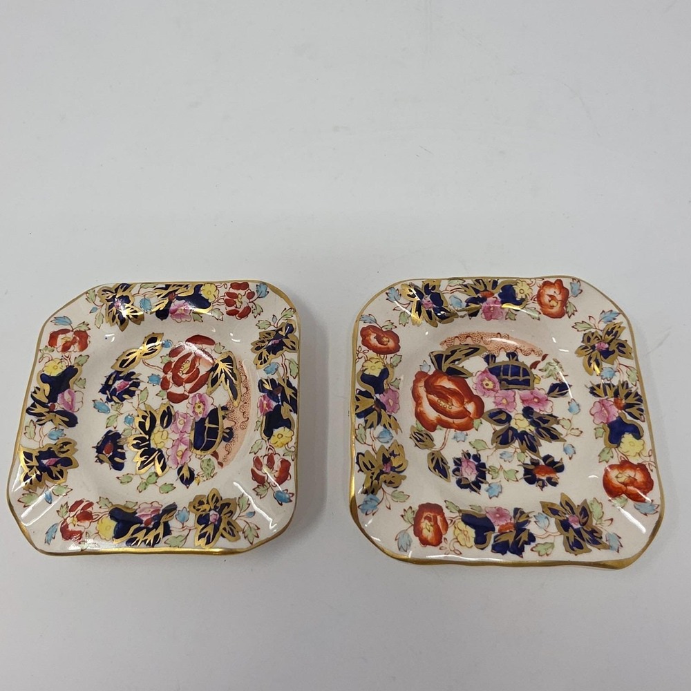 Vintage Masons Mandarin Imari Ironstone Square Ashtrays Gold England Lot Of 2